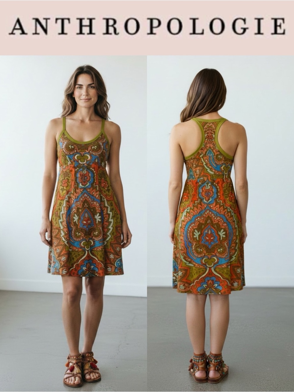 ANTHROPOLOGIE MOULINETTE SOEURS  SILK BOHO PAISLEY RACERBACK MIDI DRESS SIZE 6